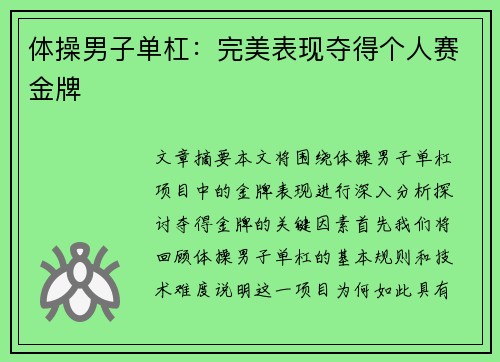 体操男子单杠：完美表现夺得个人赛金牌