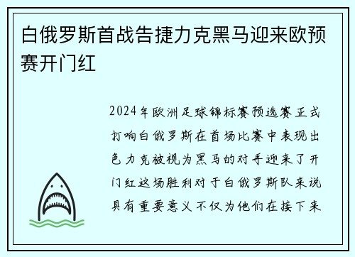 白俄罗斯首战告捷力克黑马迎来欧预赛开门红