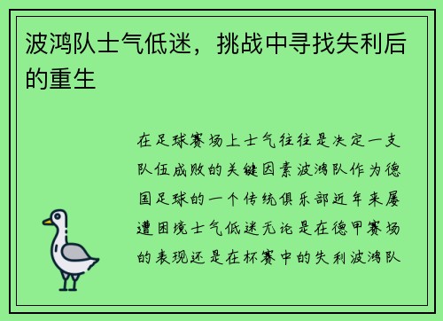 波鸿队士气低迷，挑战中寻找失利后的重生