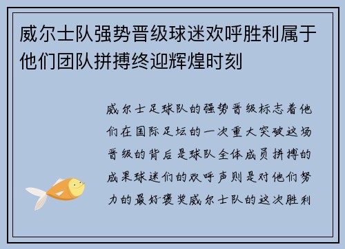 威尔士队强势晋级球迷欢呼胜利属于他们团队拼搏终迎辉煌时刻