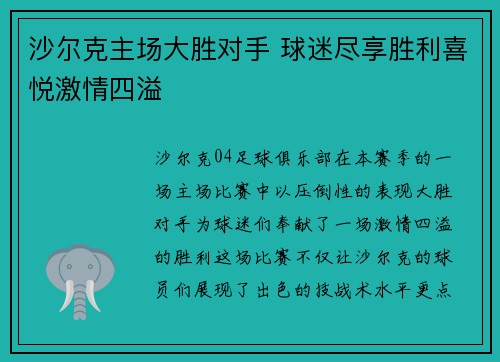 沙尔克主场大胜对手 球迷尽享胜利喜悦激情四溢