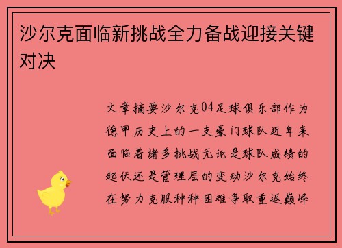沙尔克面临新挑战全力备战迎接关键对决