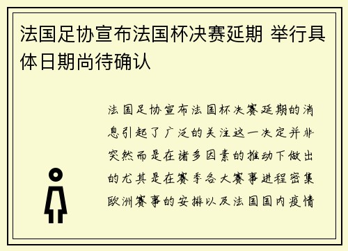 法国足协宣布法国杯决赛延期 举行具体日期尚待确认